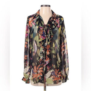CABi Floral Sheer Kimono Tie‎ Blouse Style 146 Black Multicolor Medium Li…